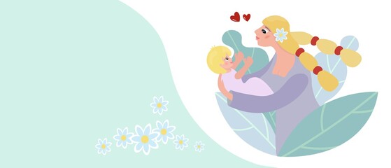 Gentle background for Mother's Day. Mother and child and tender hugs. Vertical banner with place for text. Vector illustration for congratulations, invitations, social networks.