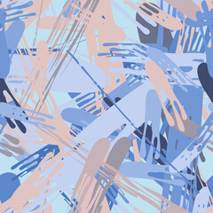 Seamless pattern. Abstract texture. Multi-colored dynamic multidirectional blots. Blue and beige shades.