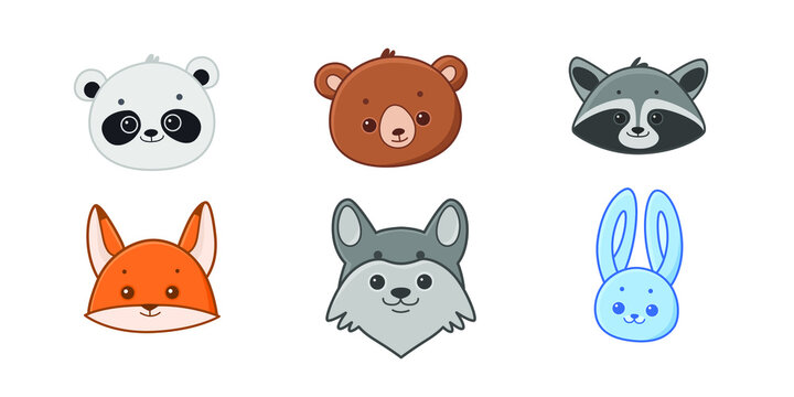 Icon set of animal head -  wolf, marten, fox, hare, bear, panda, raccoon. Flat design illustration in cartoon style.