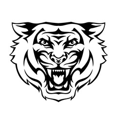 Angry tiger roaring head face. Vector illustration for tattoo, print, poster, sticker, logo, tattoo, emblem. Black and white.