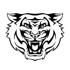 Fototapeta premium Angry tiger roaring head face. Vector illustration for tattoo, print, poster, sticker, logo, tattoo, emblem. Black and white.