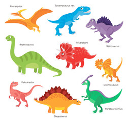 Set of vector cartoon dinosaurs isolated on white. Spinosaurus, Pteranodon, Dilophosaurus, T-Rex, Parasaurolophus, Stegosaurus, Velociraptor, Triceratops, Brontosaurus. © Olena