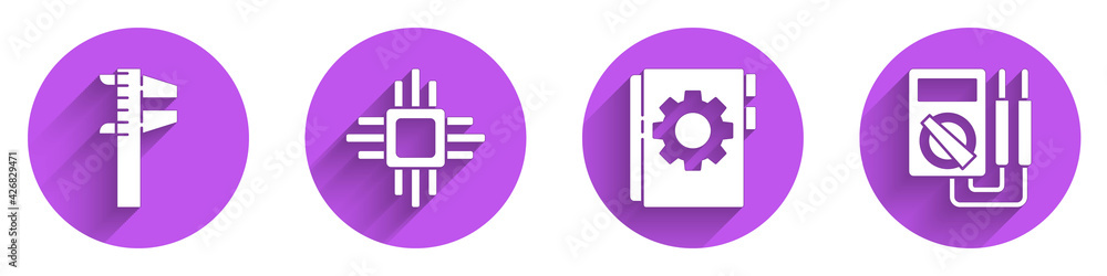 Poster set calliper or caliper and scale, processor with microcircuits cpu, user manual and multimeter icon