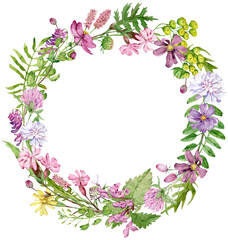 Watercolor wreath with hand drawn herbs and wildflowers for wedding invitations, birthday cards.