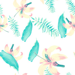 Marine patroon textiel. Blauwe tropische kunst. Witte naadloze botanische. Azuurblauwe decoratie vintage. Indigo lente natuur. Geel Bloemblad. Behang Hibiscus.