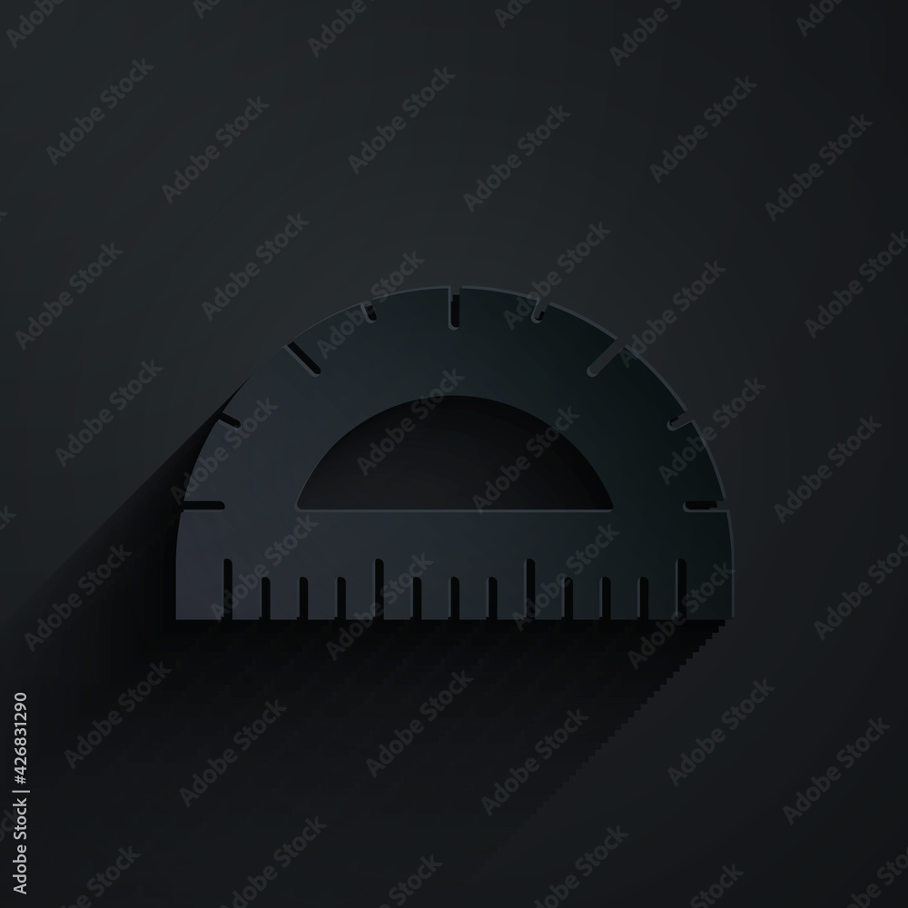 Poster paper cut protractor grid for measuring degrees icon isolated on black background. tilt angle meter.