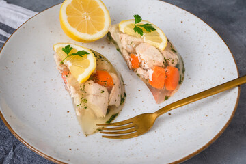 Fish in aspic with vegetables. Fish in jelly. Fish with gelatin.