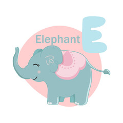 Animals alphabet. Cute elephant isolated on white background. Vector illustration for teaching children learning a foreign language.