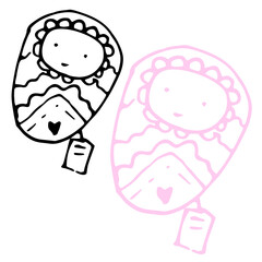 Vector element of newborn baby in diaper with with tag drawn doodle style black line and pink outline on white background for baby invitation template, labels, packaging