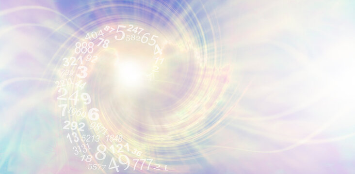 Spiraling numerology message banner - pale lilac and lemon metaphysical spiral pattern with a spiraling flow of random numbers entering the vortex and copy space on right hand side
