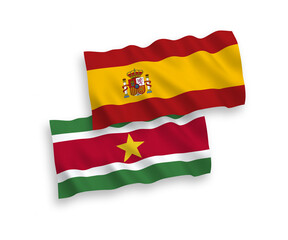 Flags of Republic of Suriname and Spain on a white background
