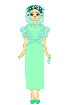 Оriental woman in a long dress in menthol shade and a transparent headdress. Abstract pattern. Graphic illustration on an isolated white background.
