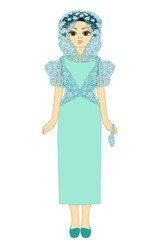 Оriental woman in a long dress in menthol shade and a transparent headdress. Abstract pattern. Graphic illustration on an isolated white background