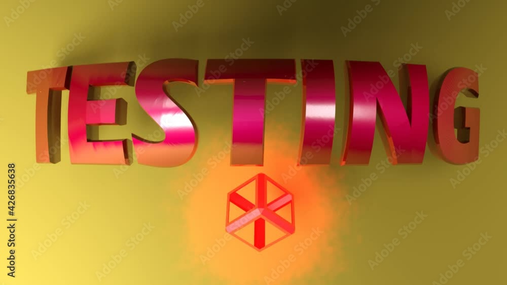Poster the write testing in metallic red letters, on yellow background, with a red lighted wireframe rotati