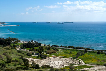Fototapeta na wymiar Panoramic view of Mediterranean sea and archaeological site from Amathus hill, Cyprus