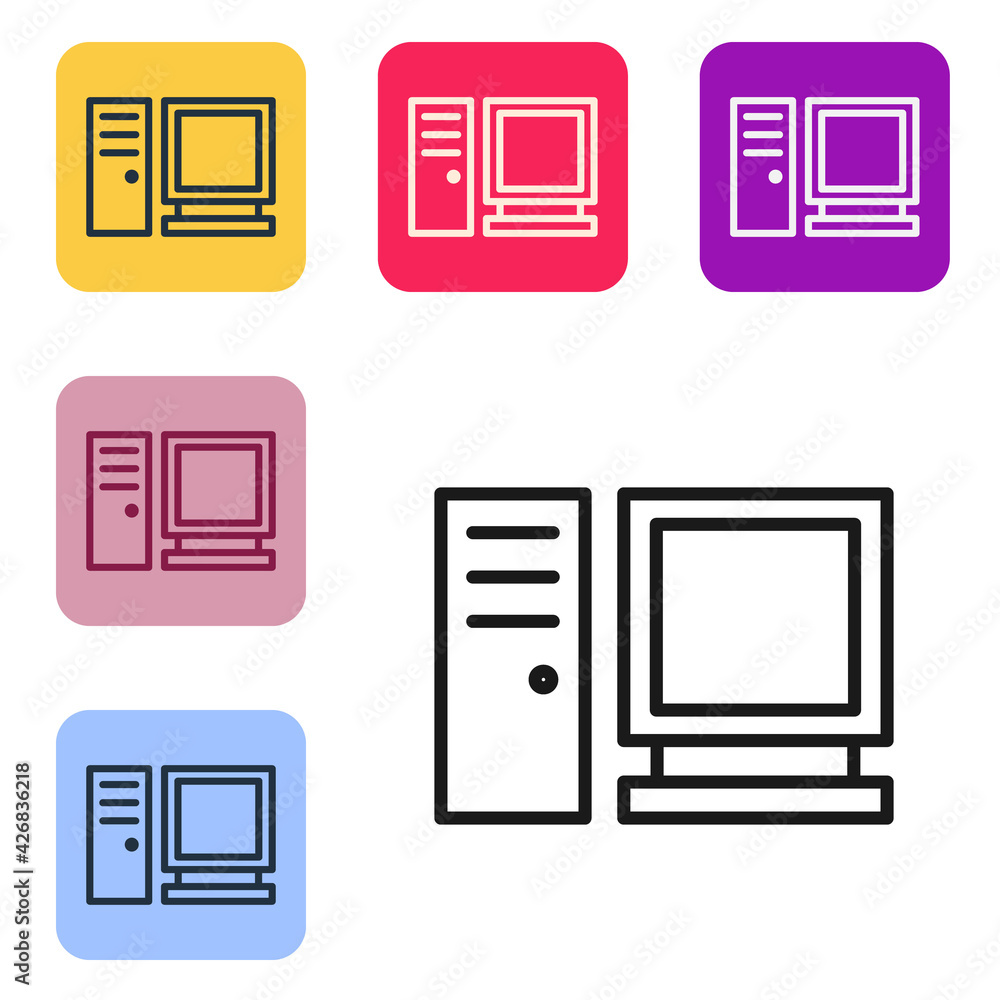 Poster black line computer monitor icon isolated on white background. pc component sign. set icons in color