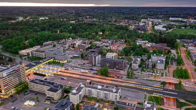 Aerial view of Espoo Center neighborhood, Finland in summer evening. Hyperlapse video.