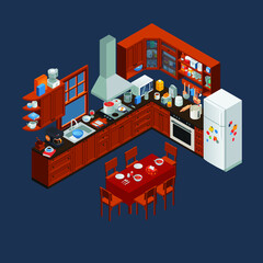 isometric wooden kitchen interior and utensils tools, isolated vector illustration.