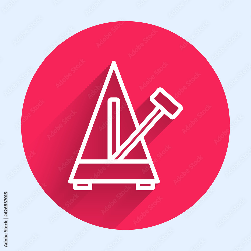 Poster white line classic metronome with pendulum in motion icon isolated with long shadow. equipment of mu