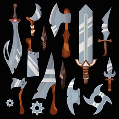 Collection of decorative weapons for games, books, website. Medieval weapons. A set of knight blades. Metal. Cartoon, vector, magic illustration of weapons.