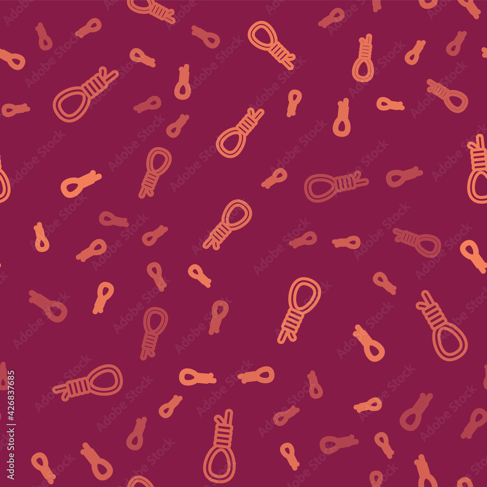 Poster brown line gallows rope loop hanging icon isolated seamless pattern on red background. rope tied int