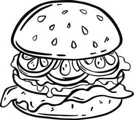Black and white illustration of cartoon cheeseburger. With tomatoes, onion, ketchup and salad. Vector illustration