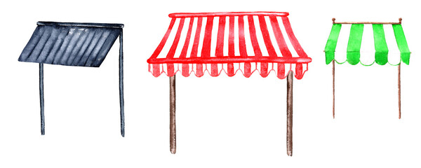 set of AWNINGS front and side view hand painted in watercolor. insulated metal grey canopy elements and awnings in red and white stripes and green and white stripes with wooden posts on a white backgr