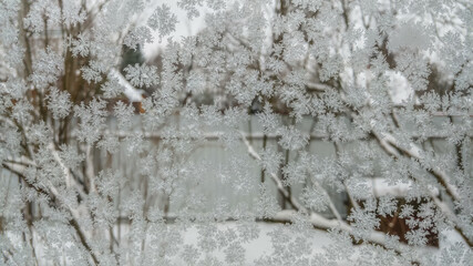 Frost on the glass of the window, winter background