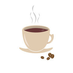 Light brown cup of coffee and coffee beans on a white background. Vector illustration. Sign, icon. For widespread use in print and web.