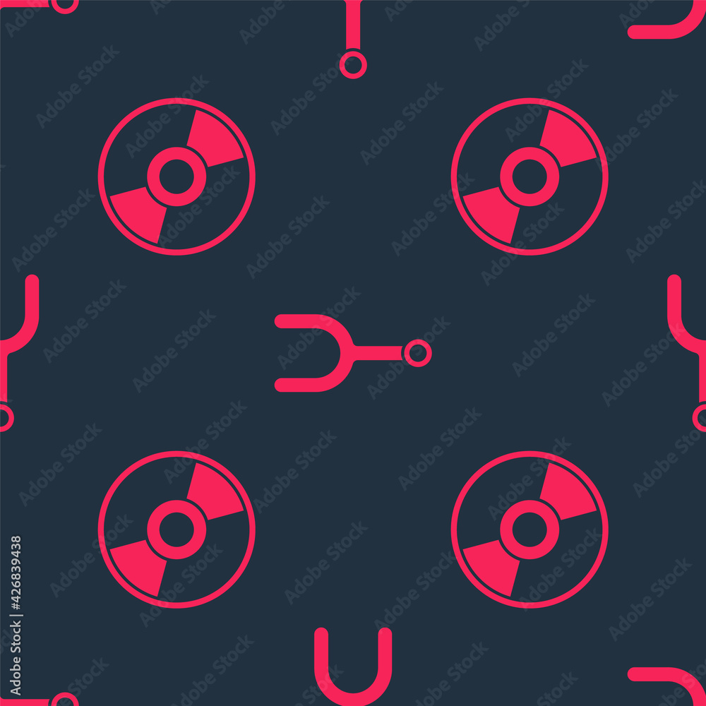 Poster set cd or dvd disk and musical tuning fork on seamless pattern. vector