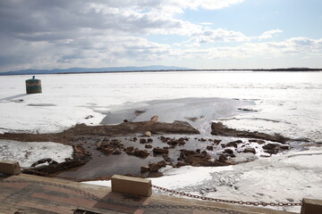 View of the Russian Amur River from the Khabarovsk embankment in winter