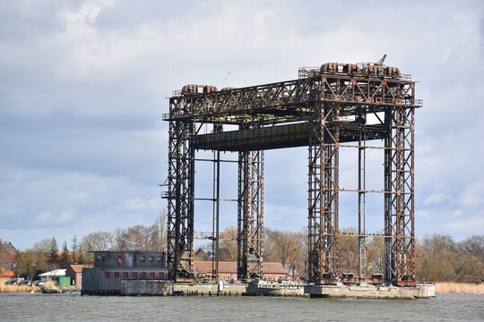 old abandoned building of Karnin lifting bridge at Peene mouth, Germany