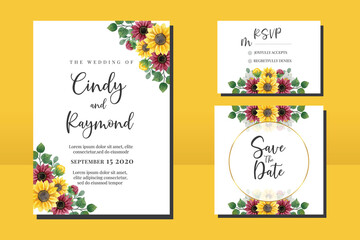 Floral Frame Wedding invitation Card set, floral watercolor hand drawn Sunflower Flower design Invitation Card Template