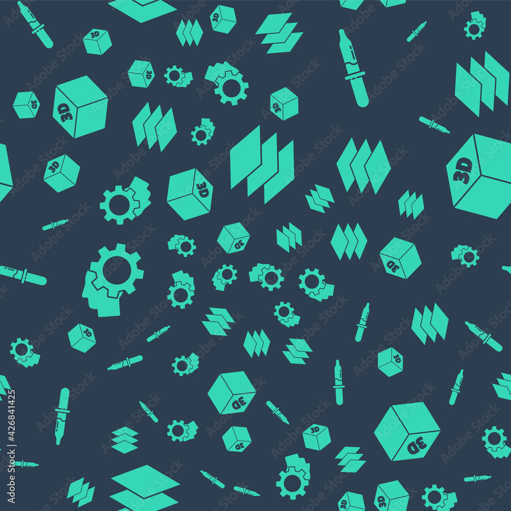 Poster set layers, pipette, human head with gear inside and isometric cube on seamless pattern. vector