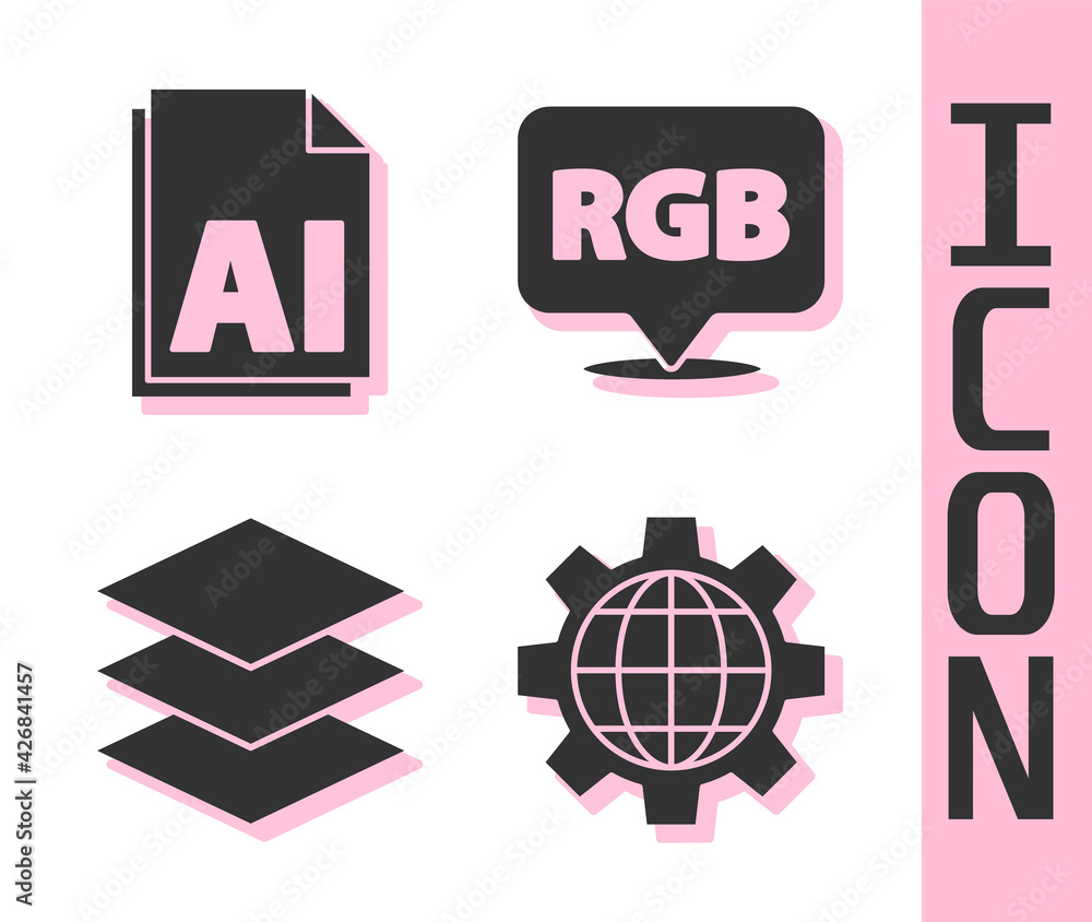 Poster set globe of the earth and gear, ai file document, layers and speech bubble with rgb and cmyk icon. 