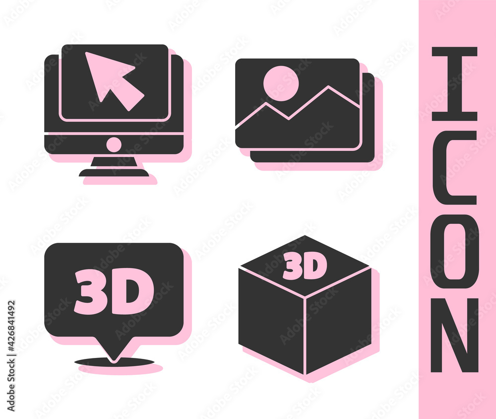 Poster set isometric cube, computer monitor and cursor, speech bubble with text 3d and picture landscape ic