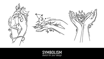 Set of mystical compositions. Hands, woman, spirituality, magic and spirituality.