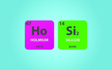Holmium Disilicide HoSi2 molecule. Simple molecular formula consisting of Holmium, Silicon,  elements. Chemical compound simplified structure on blue background, for chemistry education