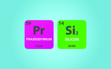 Praseodymium Disilicide PrSi2 molecule. Simple molecular formula consisting of Praseodymium, Silicon,  elements. Chemical compound simplified structure on blue background, for chemistry education
