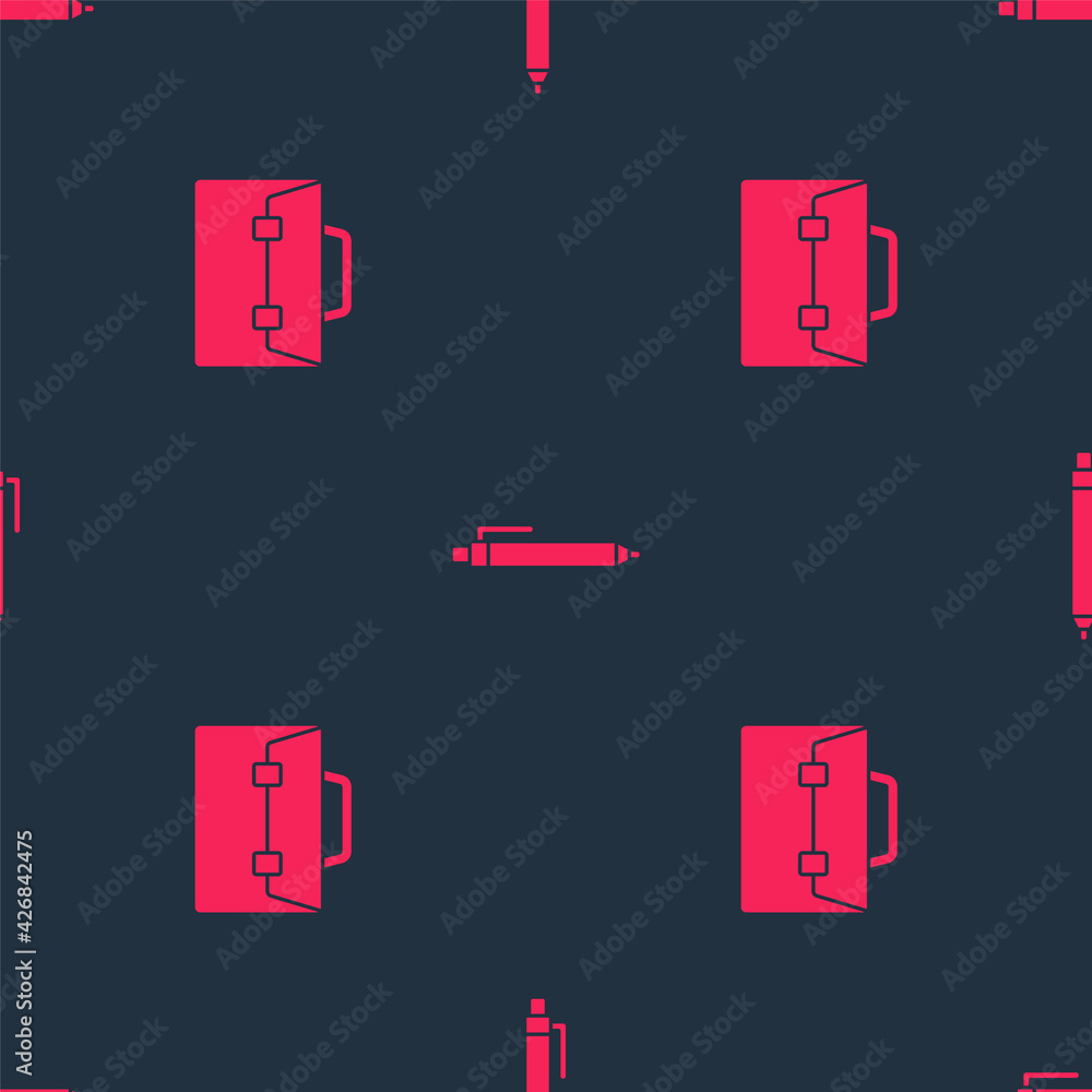 Poster set briefcase and pen on seamless pattern. vector