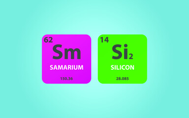 Samarium Disilicide SmSi2 molecule. Simple molecular formula consisting of Samarium, Silicon,  elements. Chemical compound simplified structure on blue background, for chemistry education