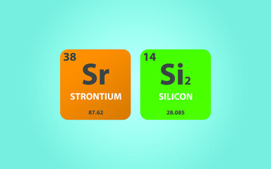 Strontium Disilicide SrSi2 molecule. Simple molecular formula consisting of Strontium, Silicon,  elements. Chemical compound simplified structure on blue background, for chemistry education