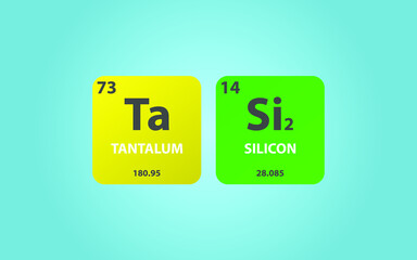 Tantalum Disilicide TaSi2 molecule. Simple molecular formula consisting of Tantalum, Silicon,  elements. Chemical compound simplified structure on blue background, for chemistry education