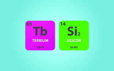 Terbium Disilicide TbSi2 molecule. Simple molecular formula consisting of Terbium, Silicon,  elements. Chemical compound simplified structure on blue background, for chemistry education