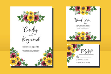 Fototapeta na wymiar Floral Frame Wedding invitation Card set, floral watercolor hand drawn Sunflower Flower design Invitation Card Template