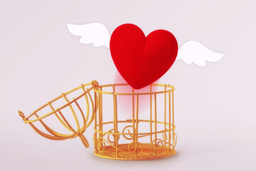 Opened bird cage with escaping heart - Concept of love and freedom