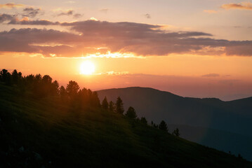 sunset mountains sun forest clouds sky