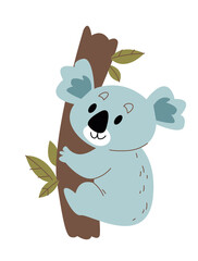 Cute koala cartoon on a tree vector. Image in cartoon style isolated on white background. Trending style and color