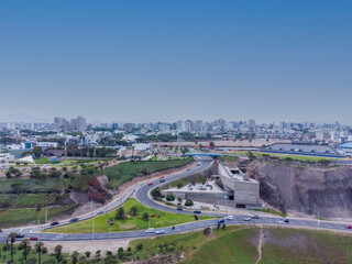 Fototapeta na wymiar Aerial view of the LUM (The Place of Memory, Tolerance and Social Inclusion) located in the city of Lima, Peru