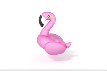 Pink Flamingo float, tropical bird shape inflatable swimming pool ring on white background 3d rendering. 3d illustration Summer minimal concept.